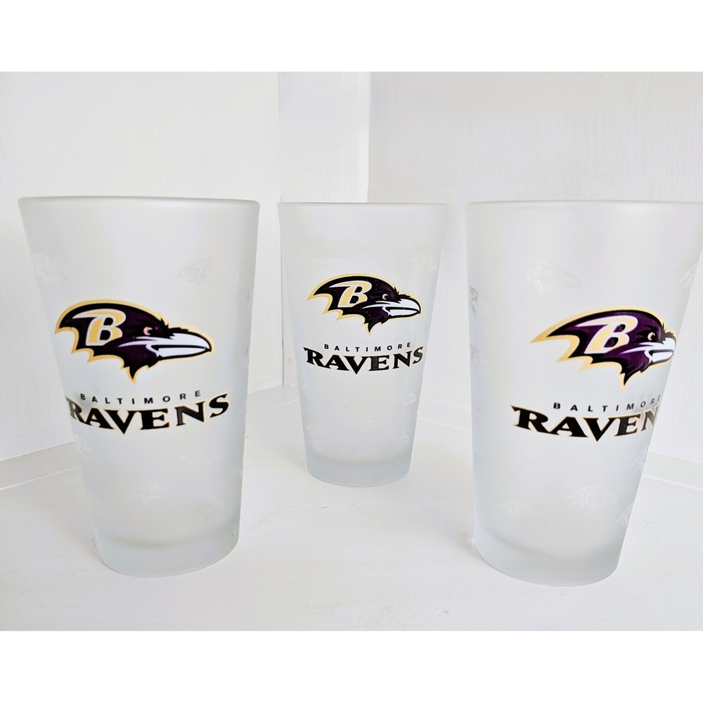 Baltimore Ravens Pint Glass Set Frosted 16oz NFL Barware 3 Piece